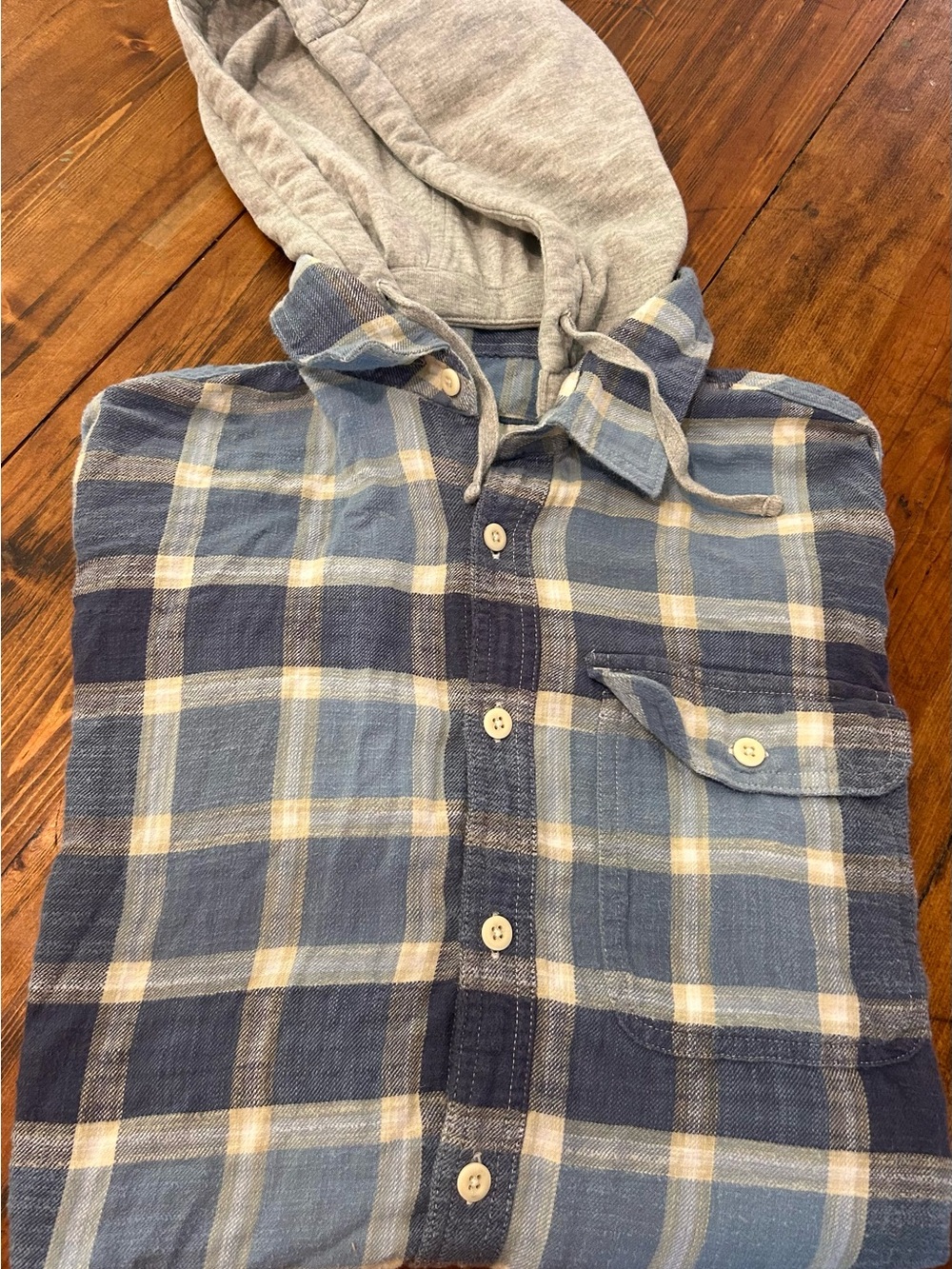 American Eagle Outfitters Blue and Tan Plaid Hooded Button-Down Shirt